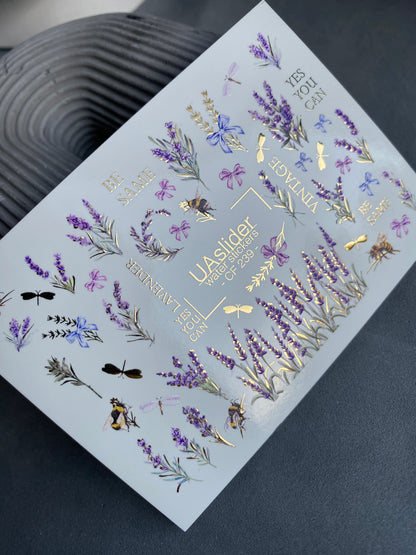Nail Water Decal CF-239 | Lavender Water Slide Nail Decals | Floral Design with Bees & Gold Details