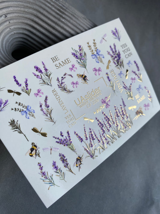 Nail Water Decal CF-239 | Lavender Water Slide Nail Decals | Floral Design with Bees & Gold Details