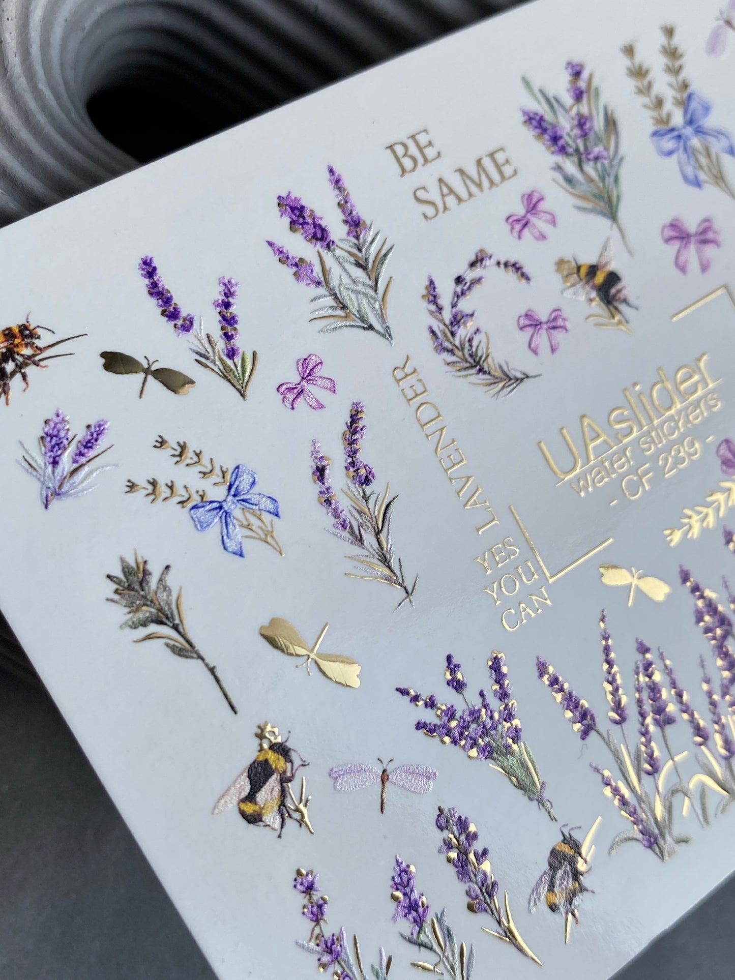 Nail Water Decal CF-239 | Lavender Water Slide Nail Decals | Floral Design with Bees & Gold Details