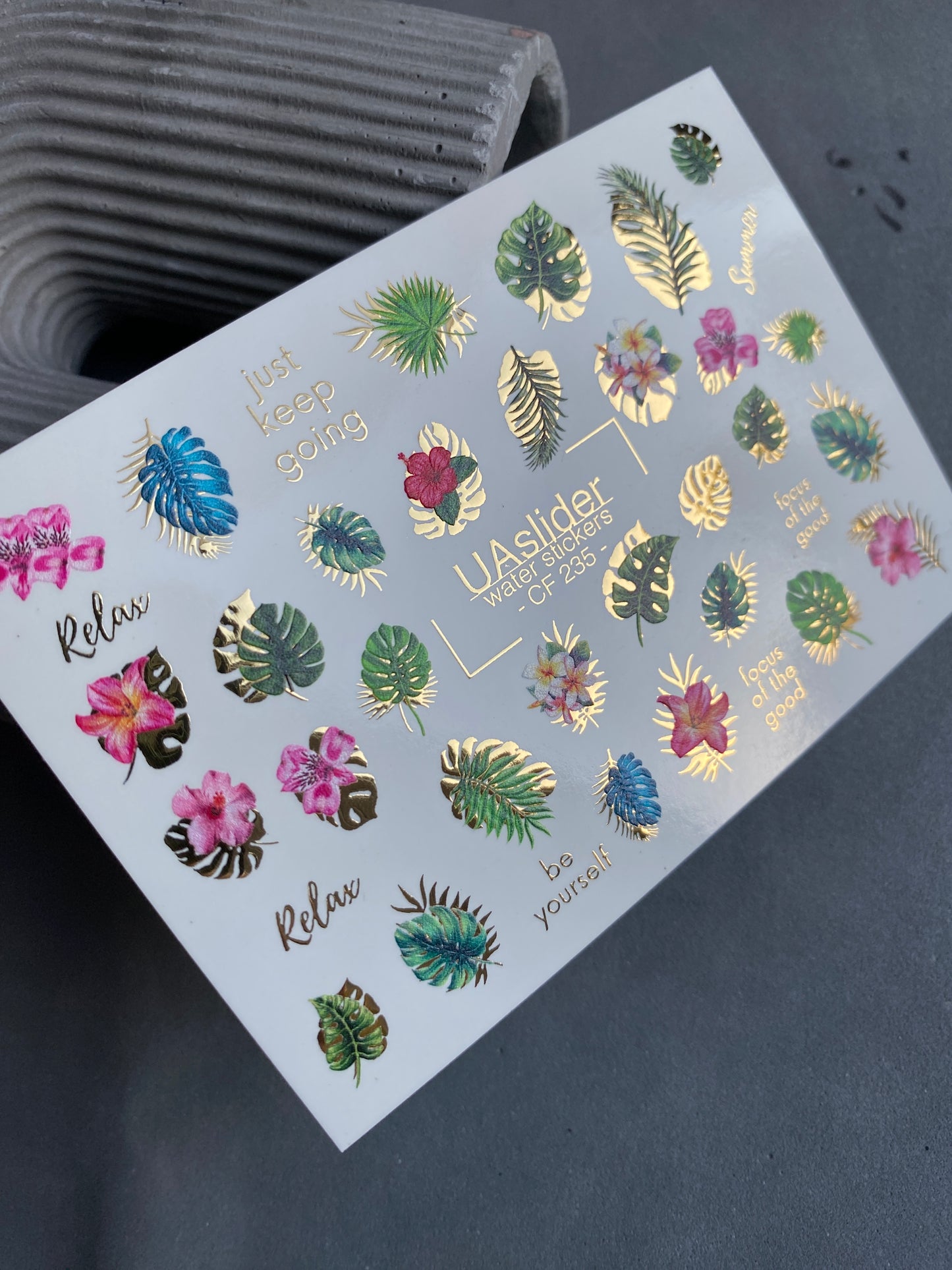 Nail Water Decal CF-235 | Tropical Water Slide Nail Decals | Leaves, Flowers & Gold Accents