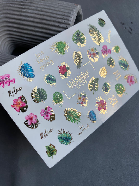 Nail Water Decal CF-235 | Tropical Water Slide Nail Decals | Leaves, Flowers & Gold Accents