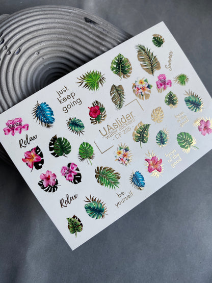 Nail Water Decal CF-235 | Tropical Water Slide Nail Decals | Leaves, Flowers & Gold Accents