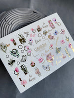 Nail Water Decal CF-240 | Floral Water Slide Nail Decals | Pink Flowers, Butterflies & Gold Geometry - UASLIDER