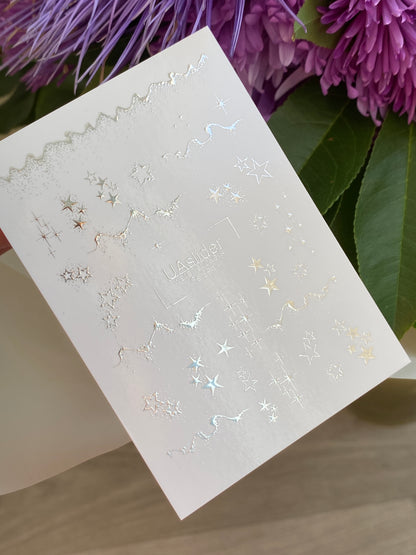 Nail Water Decal Fs-294 | Water Slide Nail Decals with Silver Stars | Elegant Starry Design