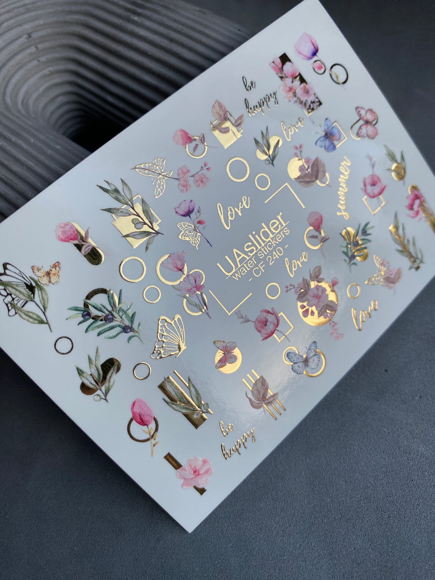 Nail Water Decal CF-240 | Floral Water Slide Nail Decals | Pink Flowers, Butterflies & Gold Geometry