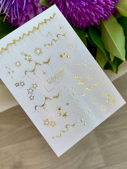 Nail Water Decal Fg-293 | Water Slide Nail Decals with Gold Stars | Elegant Starry Design