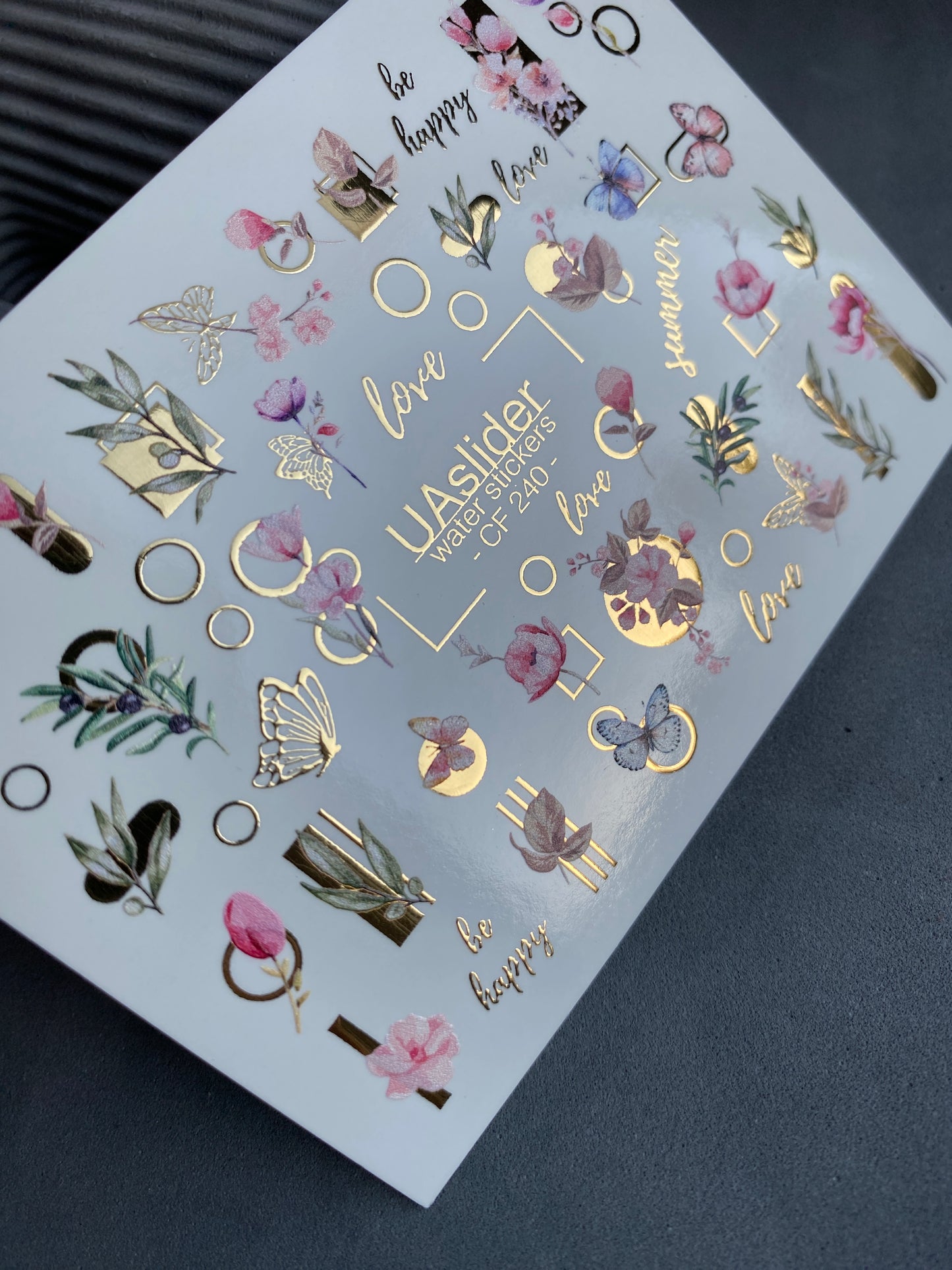 Nail Water Decal CF-240 | Floral Water Slide Nail Decals | Pink Flowers, Butterflies & Gold Geometry