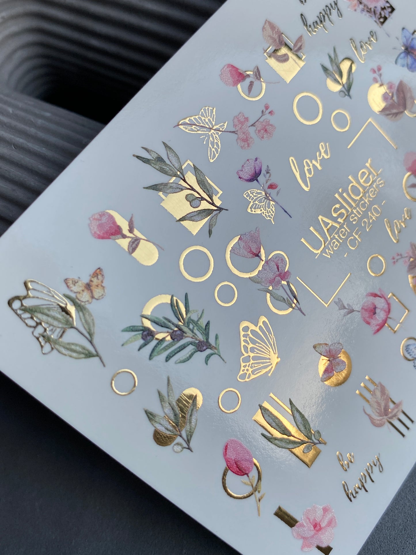 Nail Water Decal CF-240 | Floral Water Slide Nail Decals | Pink Flowers, Butterflies & Gold Geometry