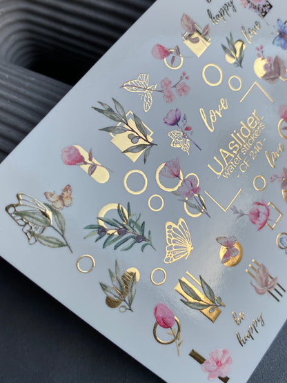 Nail Water Decal CF-240 | Floral Water Slide Nail Decals | Pink Flowers, Butterflies & Gold Geometry
