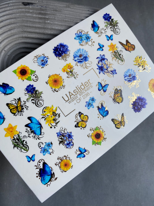 Nail Water Decal CF-236 | Floral & Butterfly Water Slide Nail Decals | Blue & Yellow Flowers with Gold