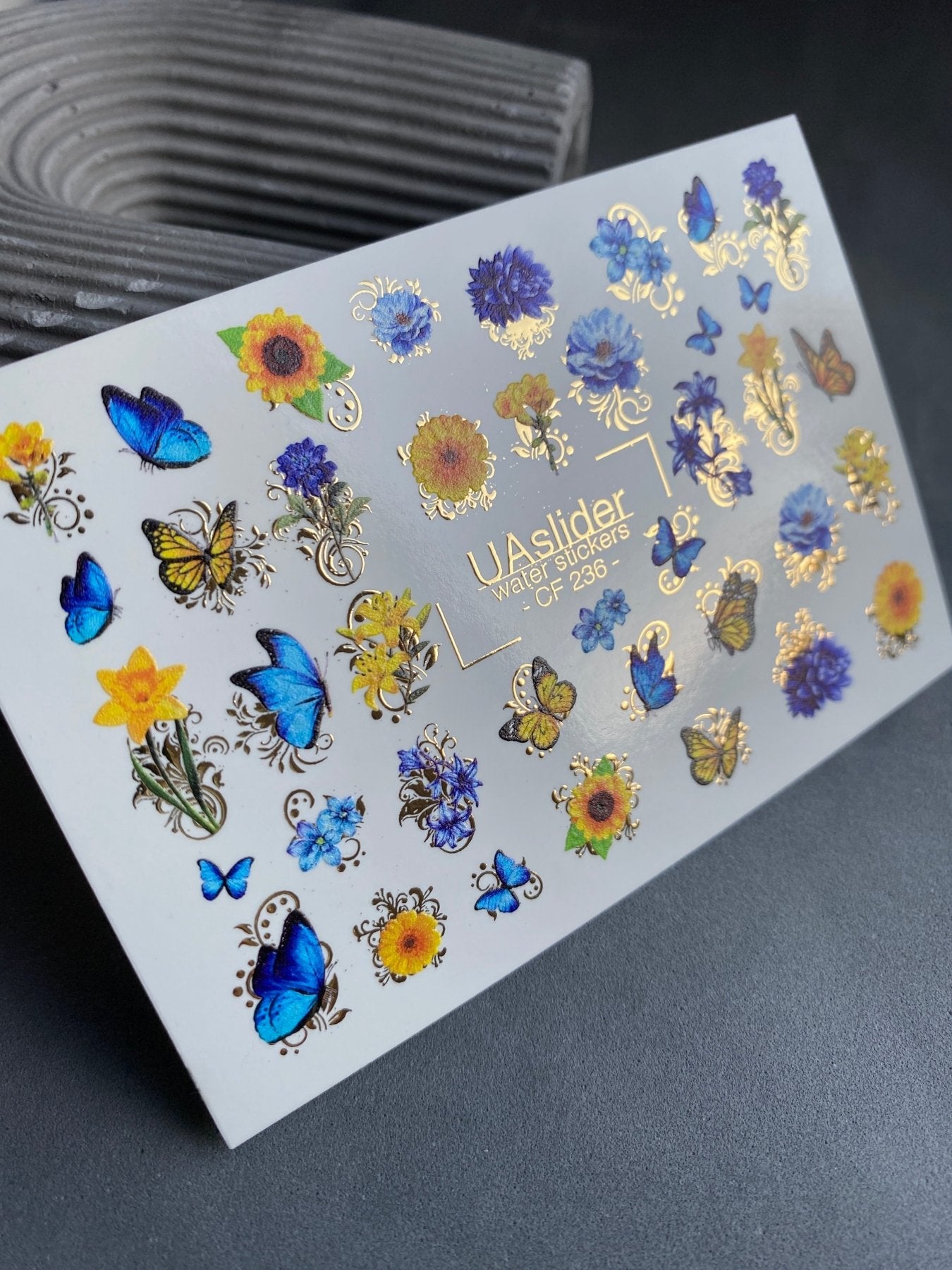 Nail Water Decal CF-236 | Floral & Butterfly Water Slide Nail Decals | Blue & Yellow Flowers with Gold - UASLIDER