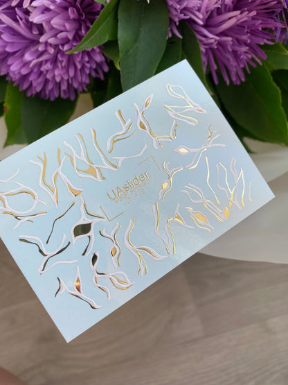 Naklejka wodna na paznokcie CF-179 | Abstrakcyjne linie naklejki wodne na paznokcie | Fale białe i złote minimalistyczny wzór