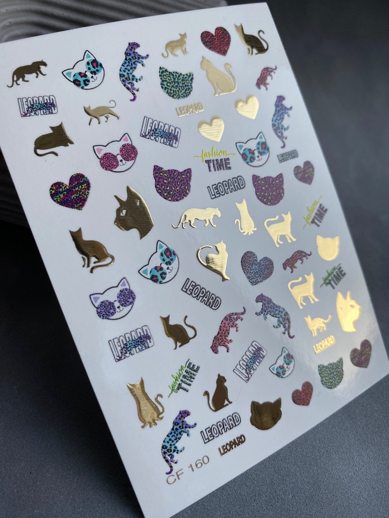 Nail Water Decal CF-160 | Leopard & Cat Water Slide Nail Decals | Animal Print, Hearts & Gold Foil Accents - UASLIDER
