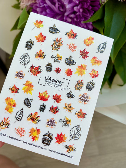 ملصقات أظافر مائية NCg-126 | ملصقات أظافر منزلقة مائية مع اقتباسات الخريف وأوراق الشجر | فن أظافر خريفي دافئ