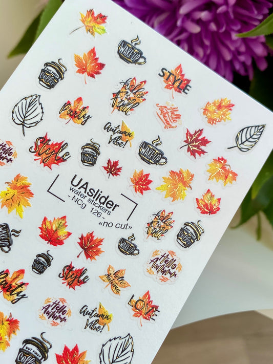 Nail Water Decal NCg-126 | Water Slide Nail Decals with Autumn Quotes and Leaves | Cozy Fall Nail Art