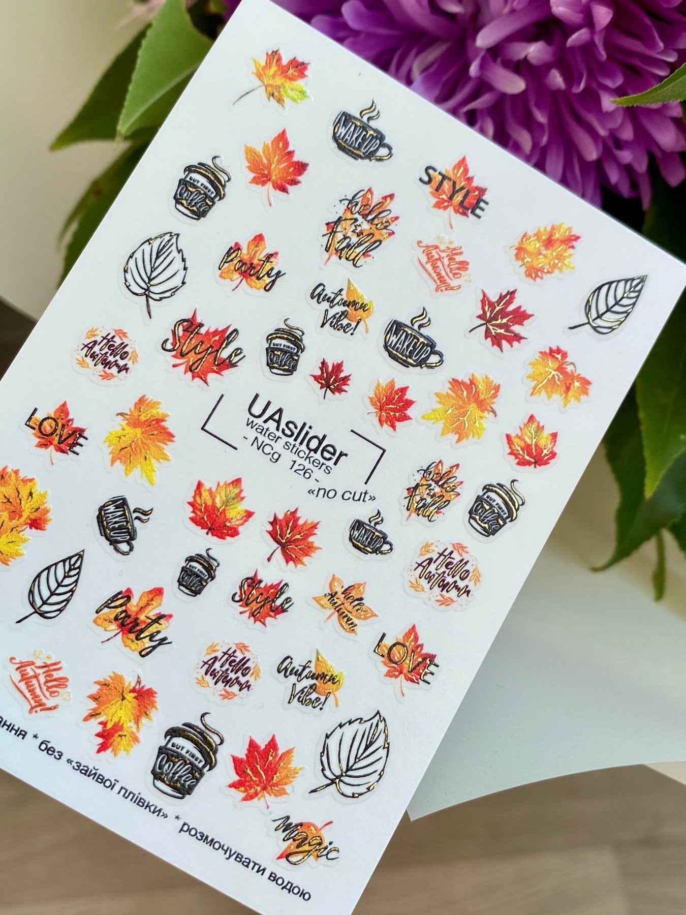 Nail Water Decal NCg-126 | Water Slide Nail Decals with Autumn Quotes and Leaves | Cozy Fall Nail Art