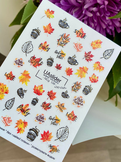 ملصقات أظافر مائية NCg-126 | ملصقات أظافر منزلقة مائية مع اقتباسات الخريف وأوراق الشجر | فن أظافر خريفي دافئ