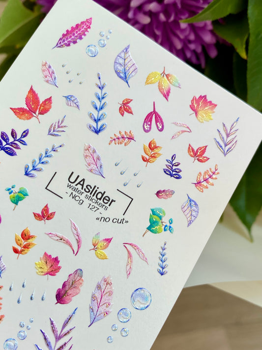 Nail Water Decal NCg-127 | Water Slide Nail Decals with Colorful Leaves and Raindrops | Autumn Nail Art