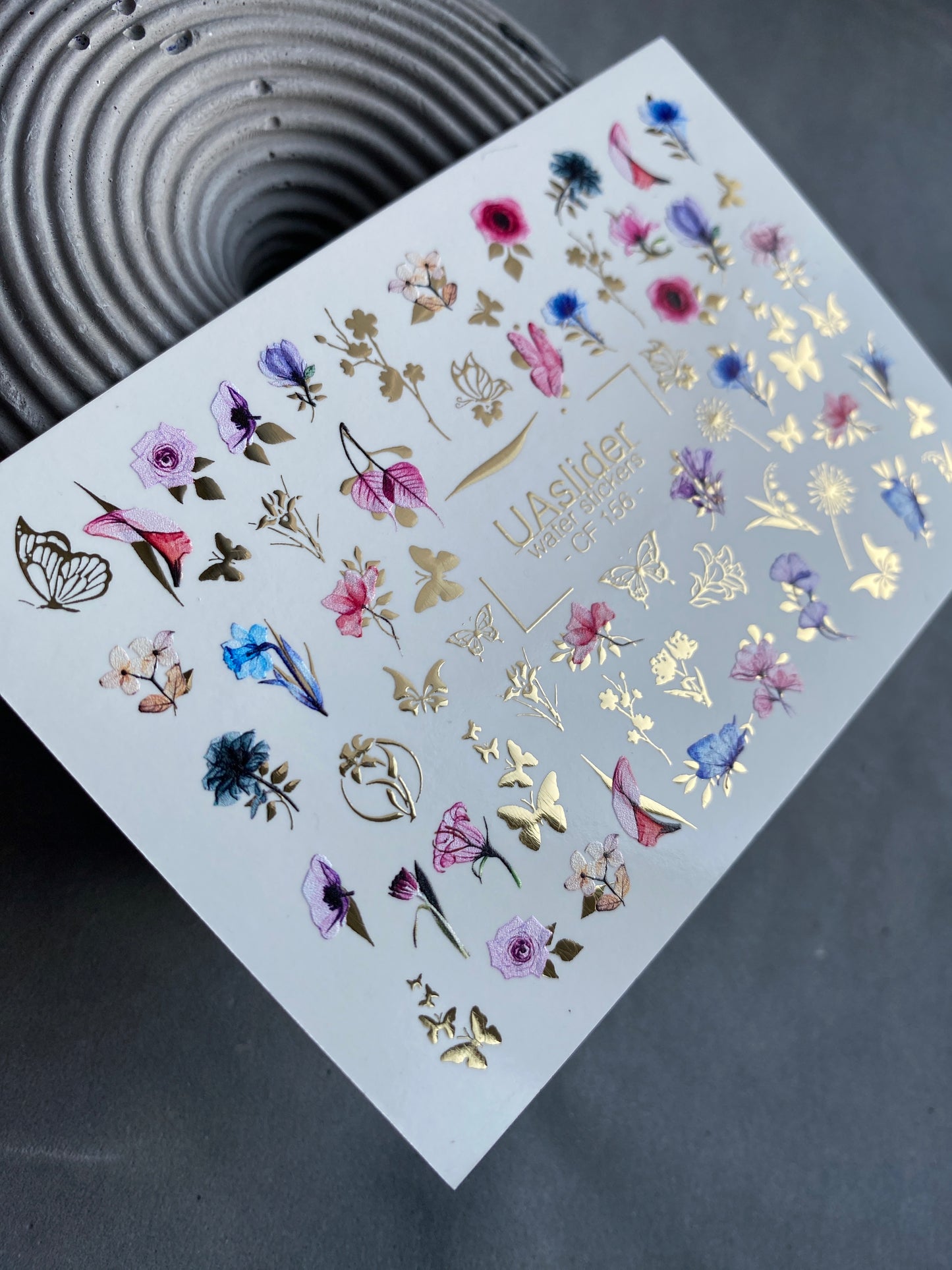 Nail Water Decal CF-156 | Delicate Floral Water Slide Nail Decals | Pink & Blue Flowers with Gold Foil Butterflies