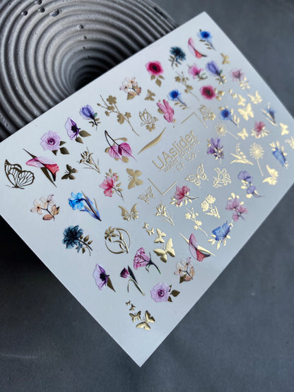 Nail Water Decal CF-156 | Delicate Floral Water Slide Nail Decals | Pink & Blue Flowers with Gold Foil Butterflies