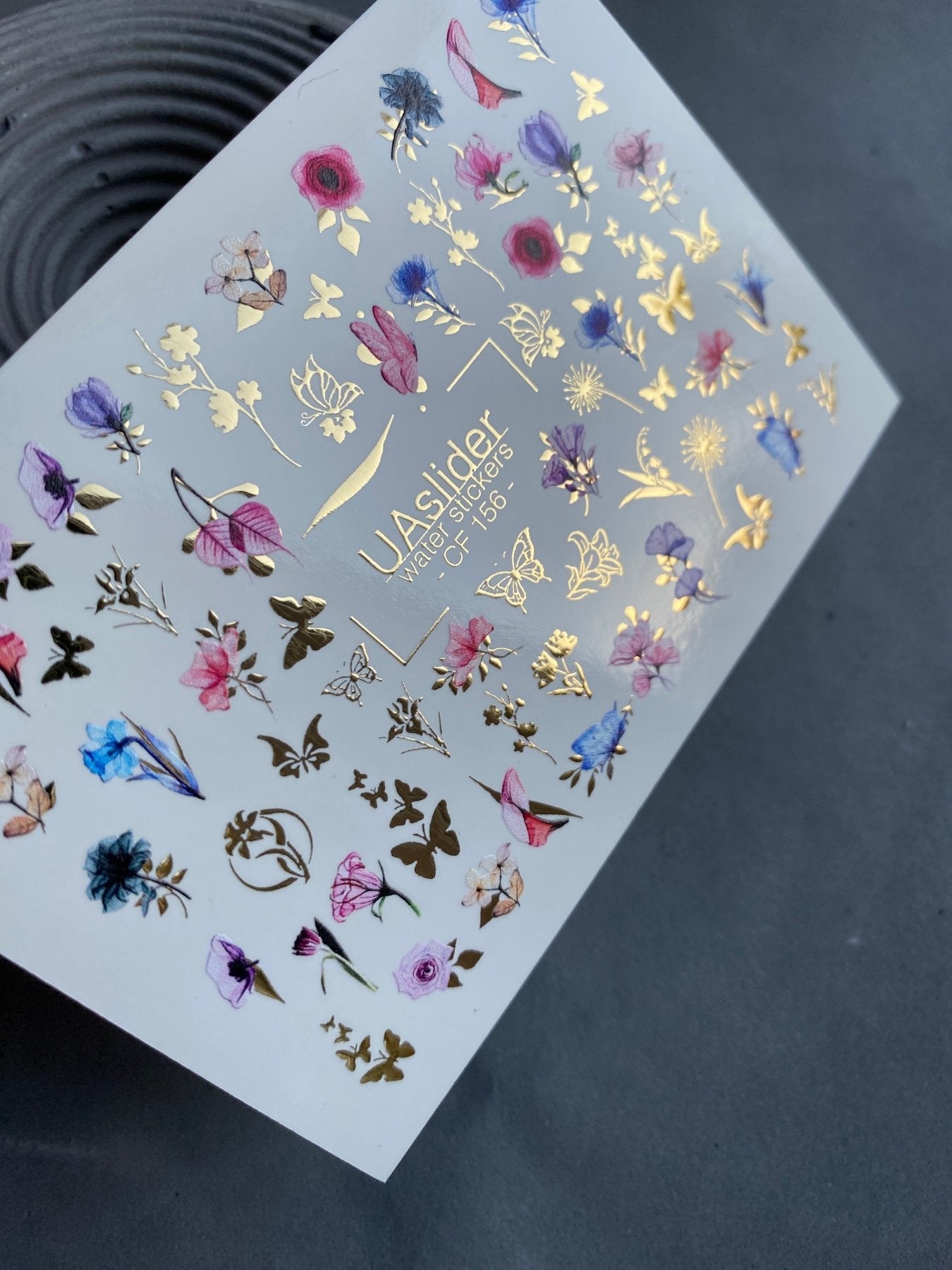Nail Water Decal CF-156 | Delicate Floral Water Slide Nail Decals | Pink & Blue Flowers with Gold Foil Butterflies - UASLIDER