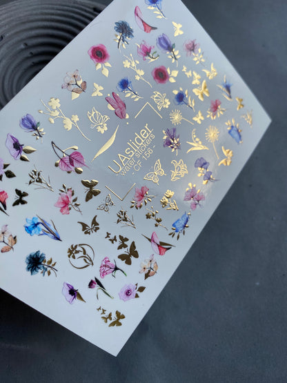 Nail Water Decal CF-156 | Delicate Floral Water Slide Nail Decals | Pink & Blue Flowers with Gold Foil Butterflies