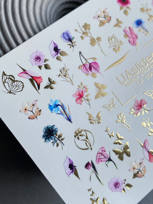 Nail Water Decal CF-156 | Delicate Floral Water Slide Nail Decals | Pink & Blue Flowers with Gold Foil Butterflies