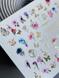 Nail Water Decal CF-156 | Delicate Floral Water Slide Nail Decals | Pink & Blue Flowers with Gold Foil Butterflies