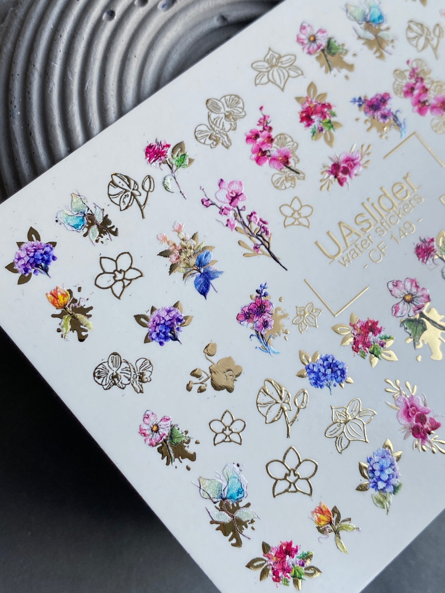 Nail Water Decal CF-149 | Floral Bouquet Water Slide Nail Decals | Colorful Flowers & Gold Foil Outlines