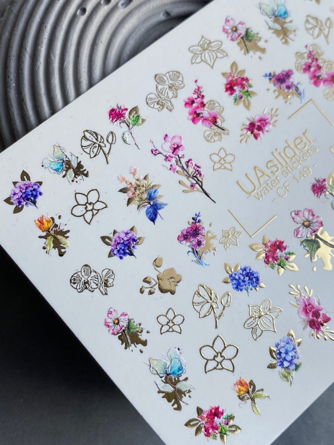 Nail Water Decal CF-149 | Floral Bouquet Water Slide Nail Decals | Colorful Flowers & Gold Foil Outlines - UASLIDER