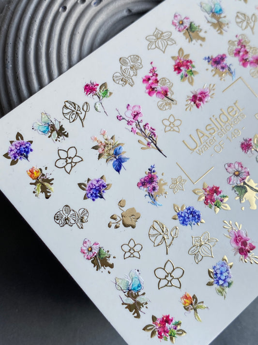 Nail Water Decal CF-149 | Floral Bouquet Water Slide Nail Decals | Colorful Flowers & Gold Foil Outlines