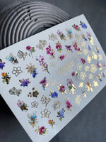 Nail Water Decal CF-149 | Floral Bouquet Water Slide Nail Decals | Colorful Flowers & Gold Foil Outlines - UASLIDER