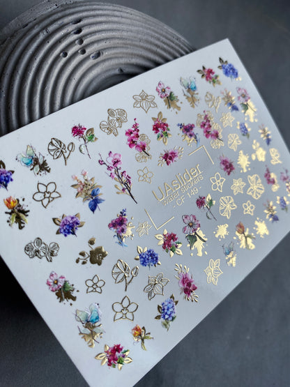 Nail Water Decal CF-149 | Floral Bouquet Water Slide Nail Decals | Colorful Flowers & Gold Foil Outlines