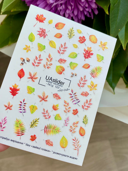 ネイルウォーターデカール NCg-122 | カラフルな秋の葉のウォータースライドネイルデカール | 秋のネイルアート