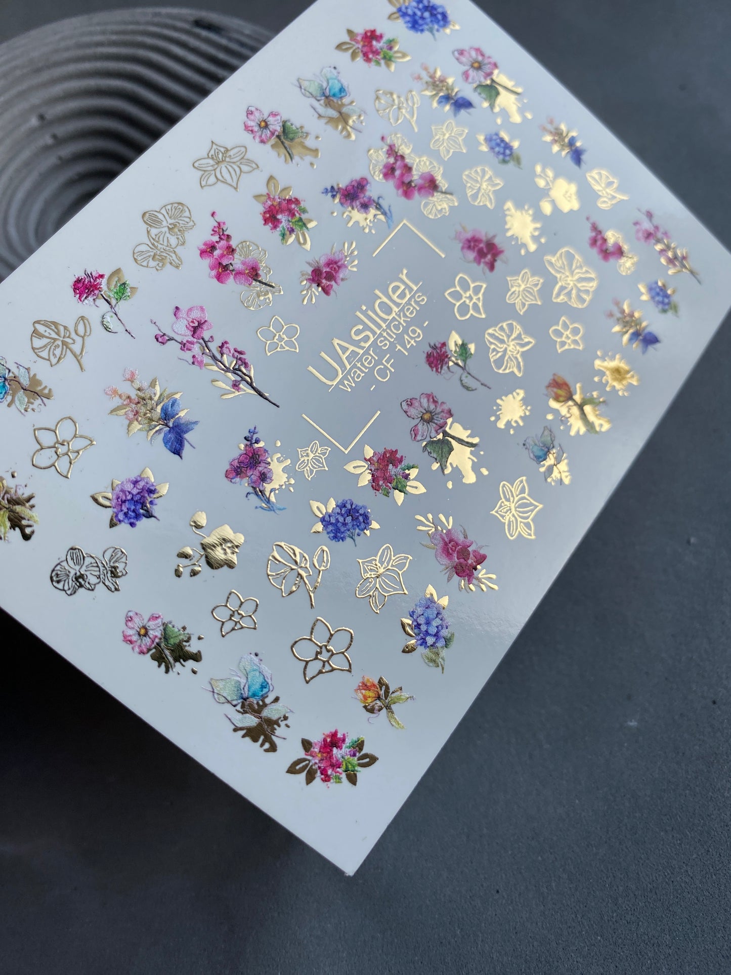 Nail Water Decal CF-149 | Floral Bouquet Water Slide Nail Decals | Colorful Flowers & Gold Foil Outlines