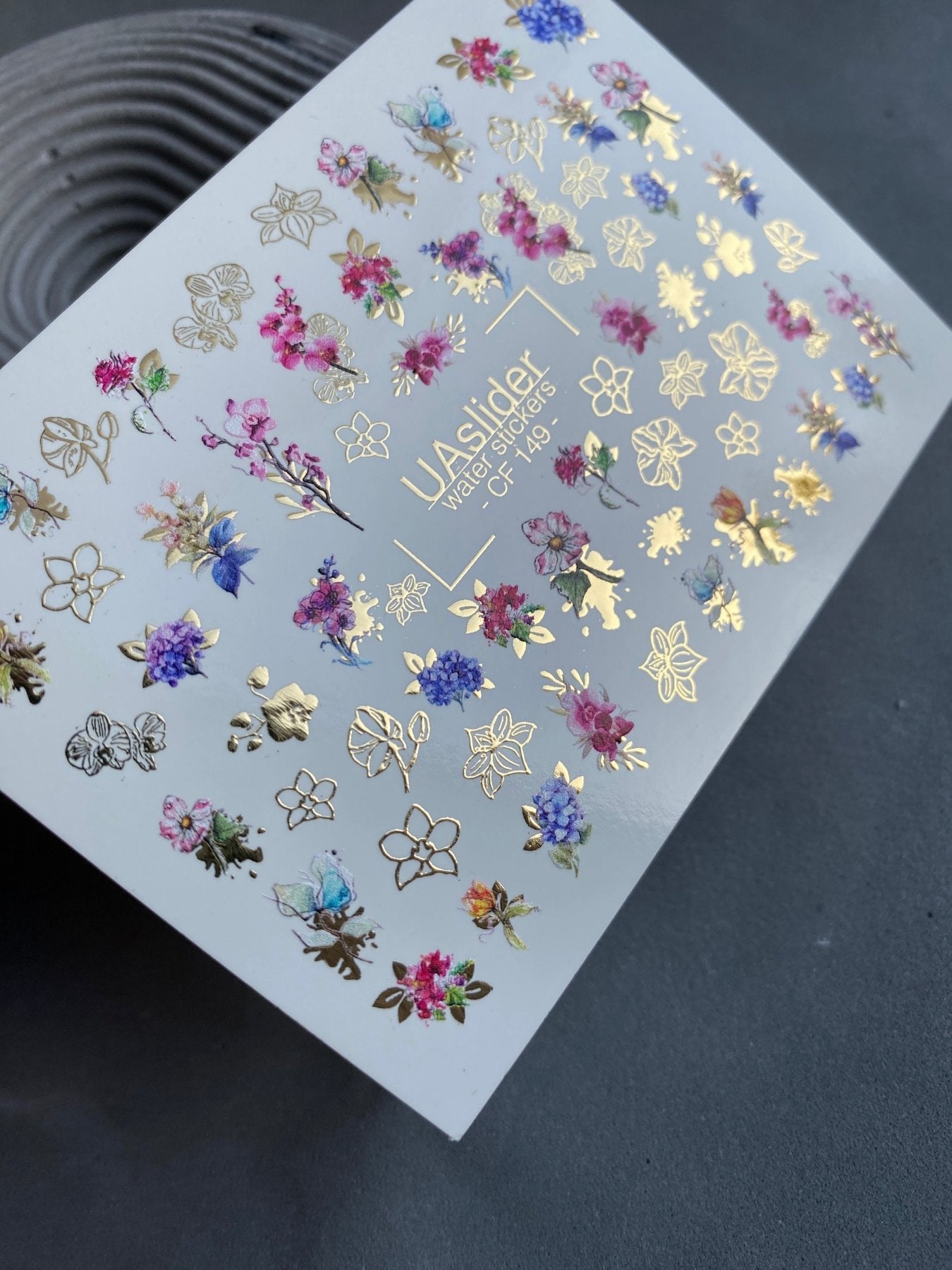 Nail Water Decal CF-149 | Floral Bouquet Water Slide Nail Decals | Colorful Flowers & Gold Foil Outlines - UASLIDER