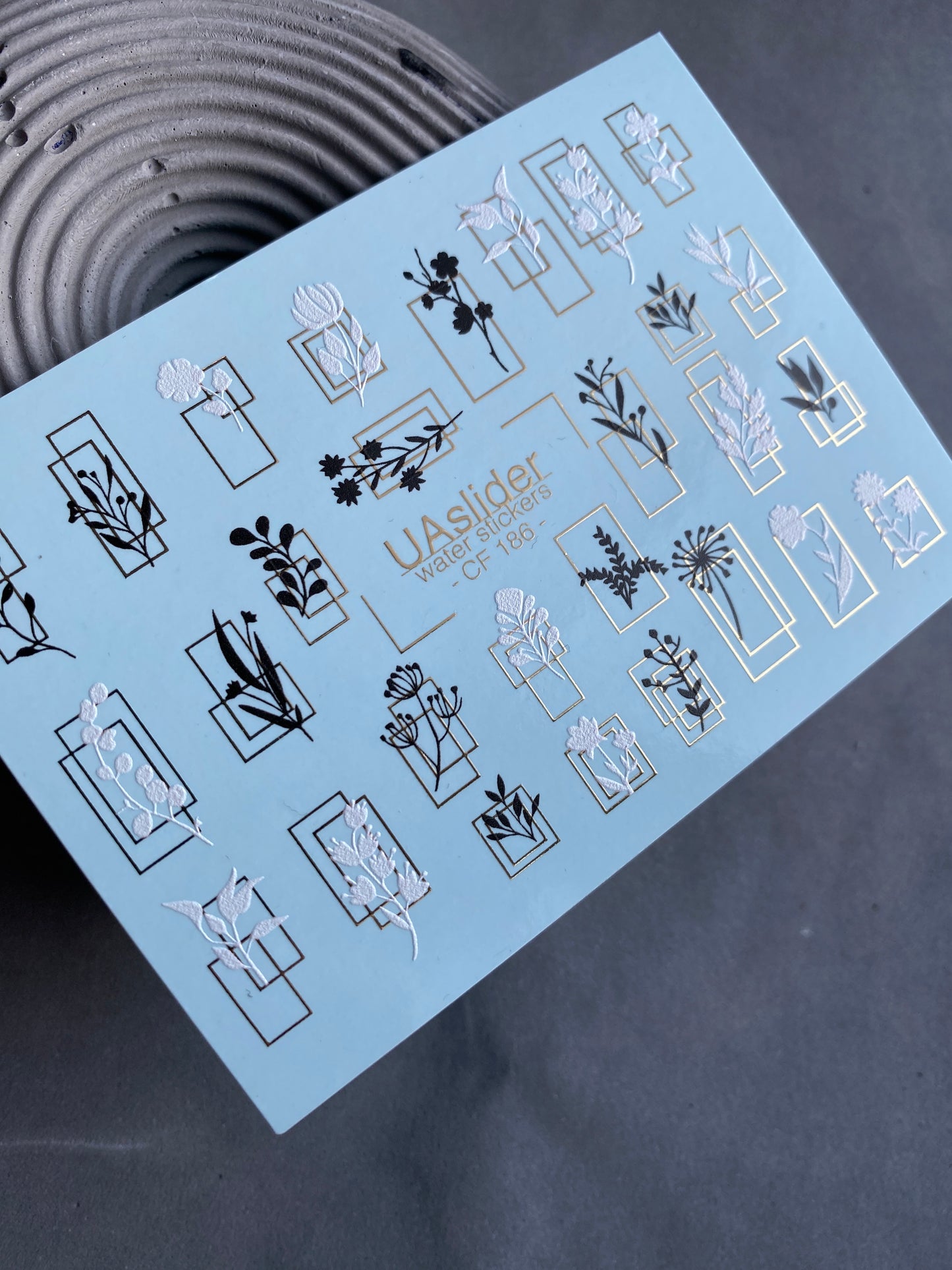 Nail Water Decal CF-186 | Nail Water Decals | Minimalist Botanical Silhouettes with Golden Frames