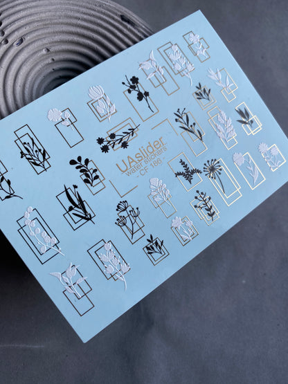 Nail Water Decal CF-186 | Nail Water Decals | Minimalist Botanical Silhouettes with Golden Frames