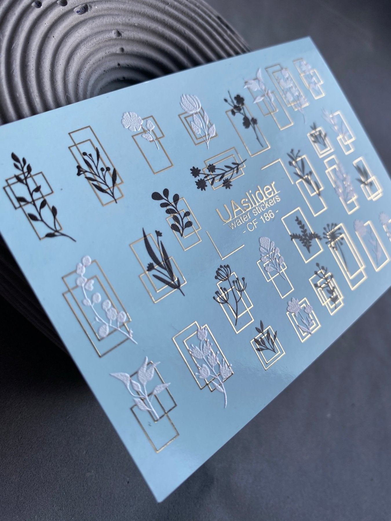 Nail Water Decal CF-186 | Nail Water Decals | Minimalist Botanical Silhouettes with Golden Frames - UASLIDER