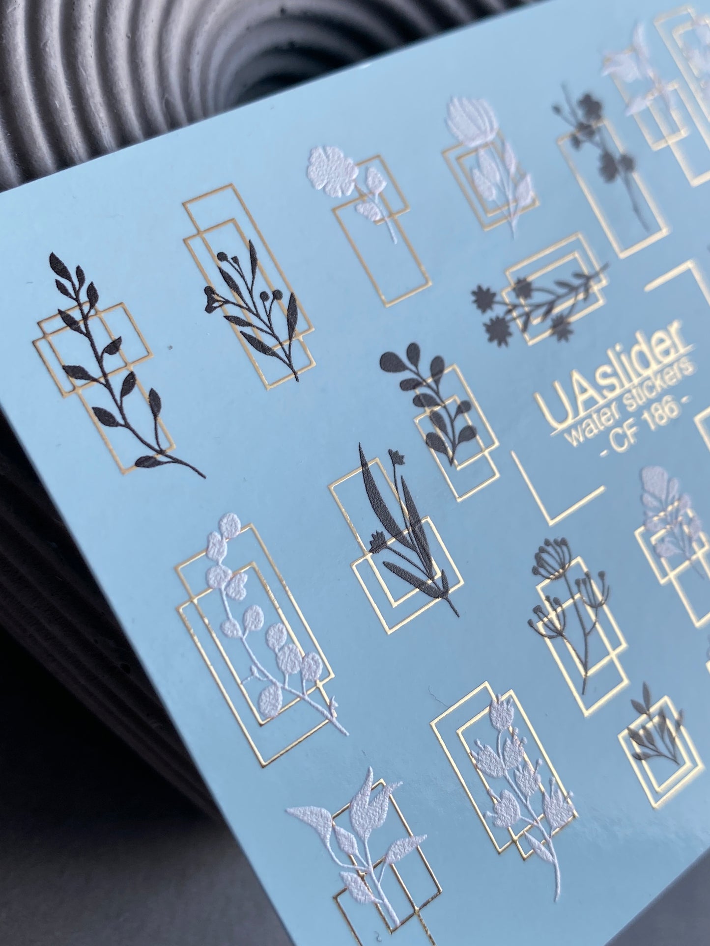 Nail Water Decal CF-186 | Nail Water Decals | Minimalist Botanical Silhouettes with Golden Frames