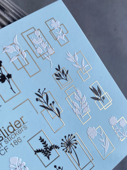Nail Water Decal CF-186 | Nail Water Decals | Minimalist Botanical Silhouettes with Golden Frames