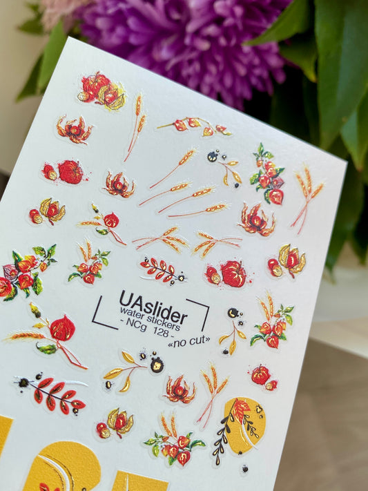 Nail Water Decal NCg-128 | Water Slide Nail Decals with Wheat and Autumn Berries | Rustic Fall Nail Art