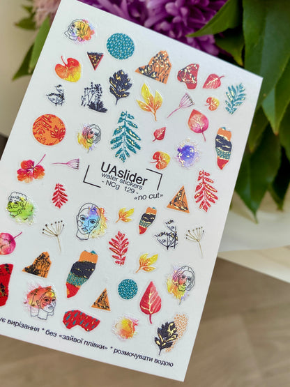 Nail Water Decal NCg-129 | Water Slide Nail Decals with Abstract Faces and Leaves | Artistic Nail Art
