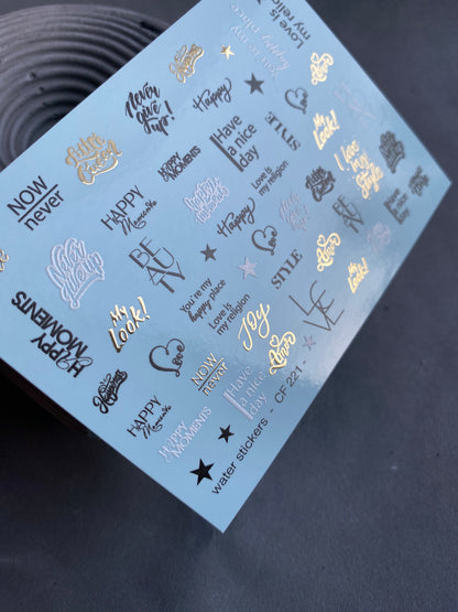 Köröm víz matrica CF-221 | Feliratos vízcsúsztatós köröm matricák | Motivációs idézetek és arany díszítések