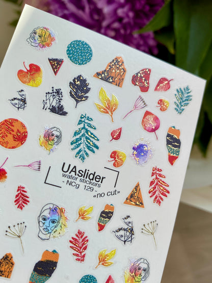 Nail Water Decal NCg-129 | Water Slide Nail Decals with Abstract Faces and Leaves | Artistic Nail Art