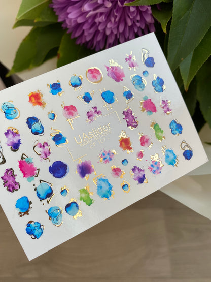Nail Water Decal CF-107 | Abstract Water Slide Nail Decals | Color Splash, Watercolor Spots & Gold Accents