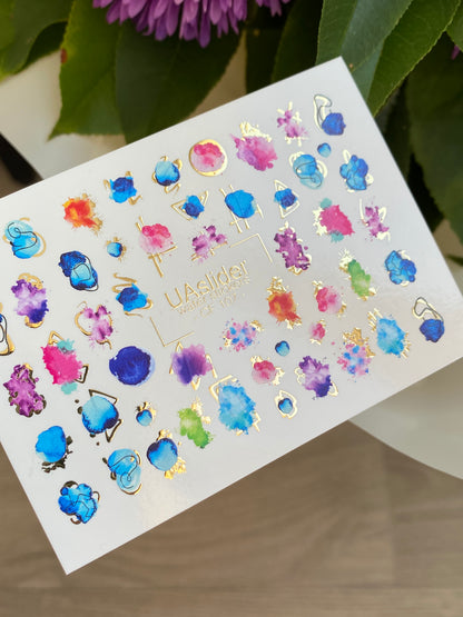 Nail Water Decal CF-107 | Abstract Water Slide Nail Decals | Color Splash, Watercolor Spots & Gold Accents