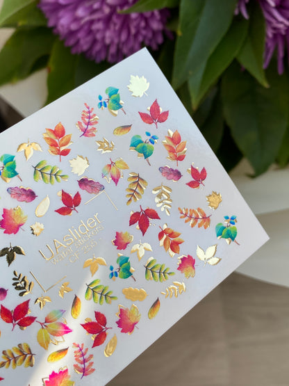 Nail Water Decal CF-255 | Autumn Water Slide Nail Decals | Multicolor Leaves with Gold Foil