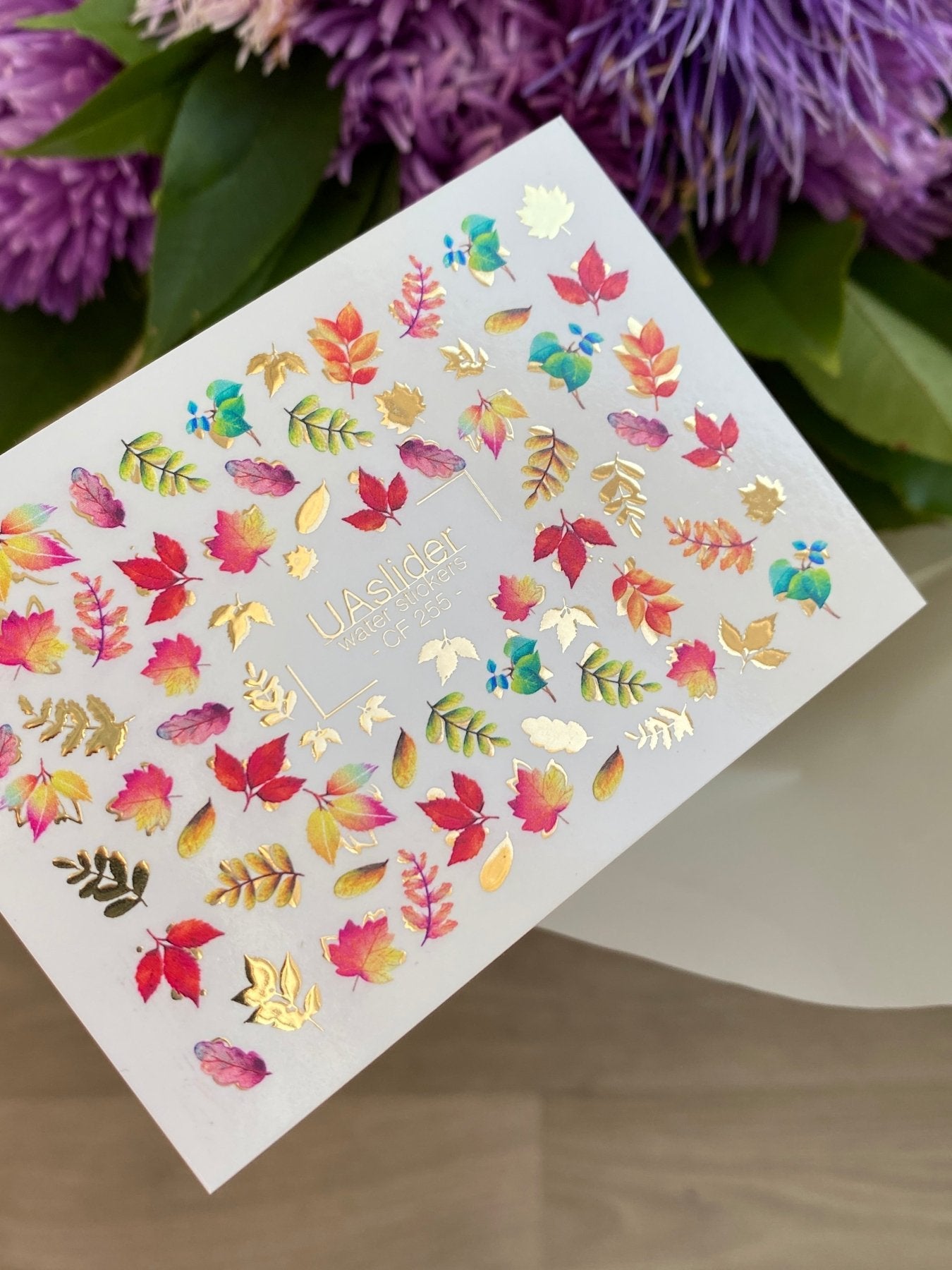 Nail Water Decal CF-255 | Autumn Water Slide Nail Decals | Multicolor Leaves with Gold Foil - UASLIDER