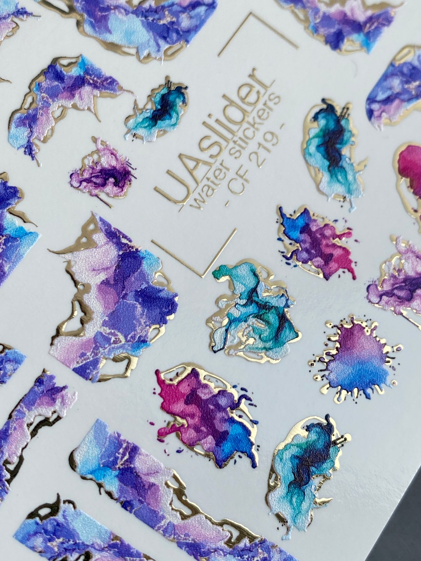 Nail Water Decal CF-219 | Abstract Water Slide Nail Decals | Purple & Blue Ink Effect with Gold